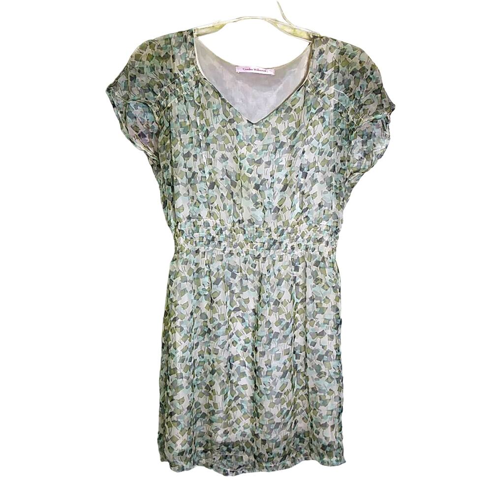Carolina Williamson Mini Dress Green Mosaic Print size Small Sheer Material